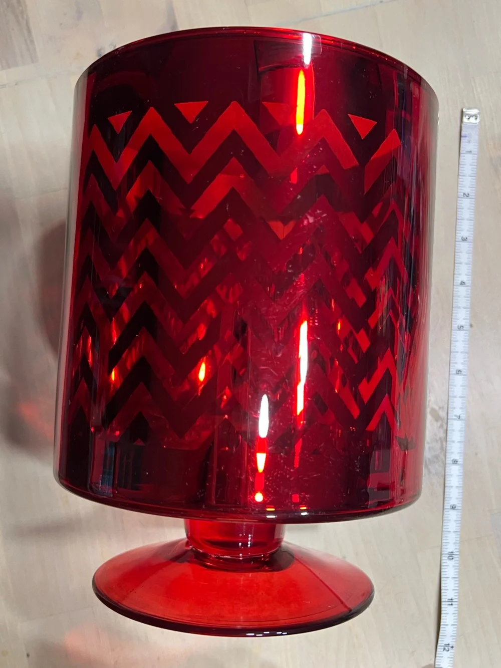 C+B Metallic Red Chevron Glass Hurricane Pedestal Vase